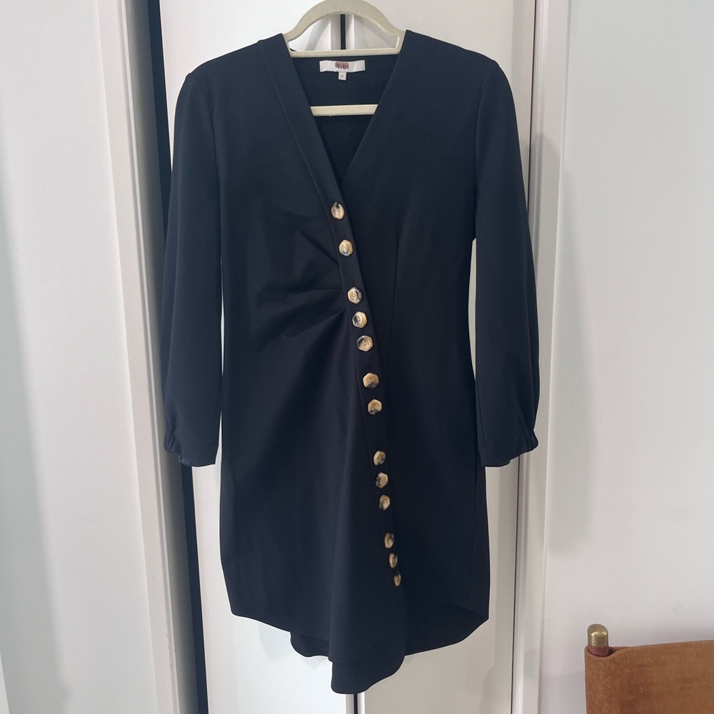 Tibi Black Long Sleeve Asymmetric Button Dress with Gold Buttons